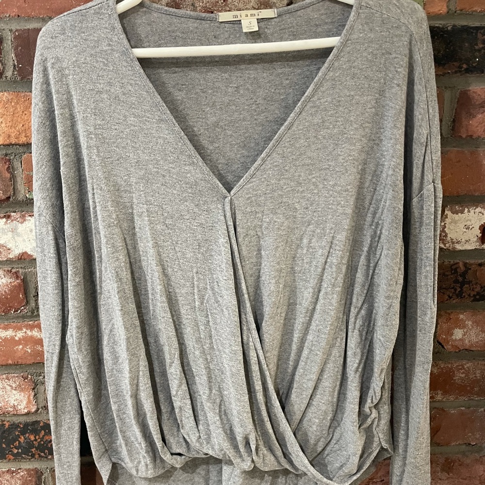 Gray Francesca’s Long Sleeve Crepe Wrap Top